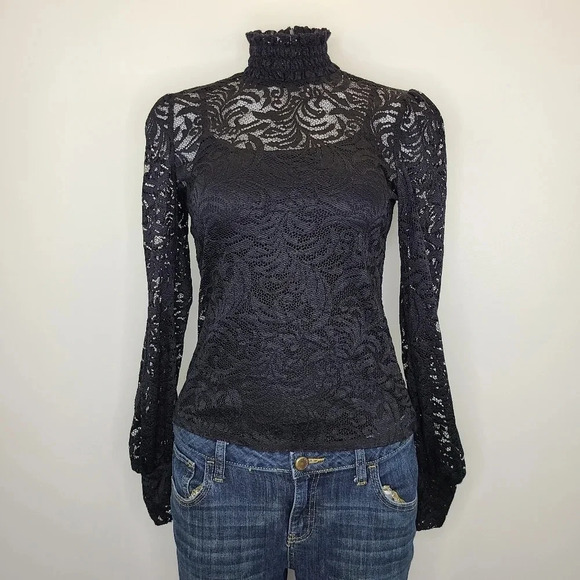 L'Agence Samara Black Sheer Lace Long Sleeve Bell Sleeve Turtleneck Top XS - Picture 3 of 16